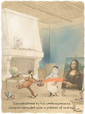 Ecology cartoon, funny drawing Mona Lisa, Joconde.