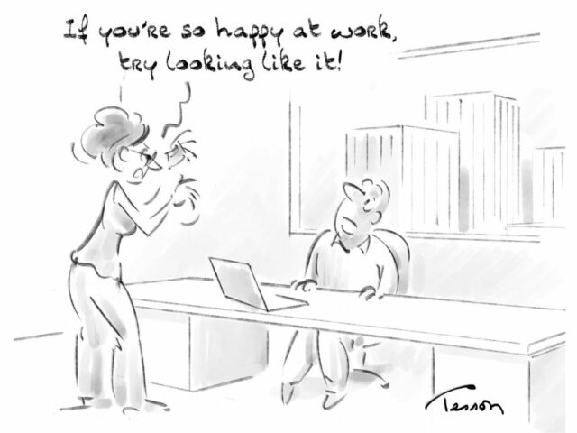 happiness at work, editorial cartoon